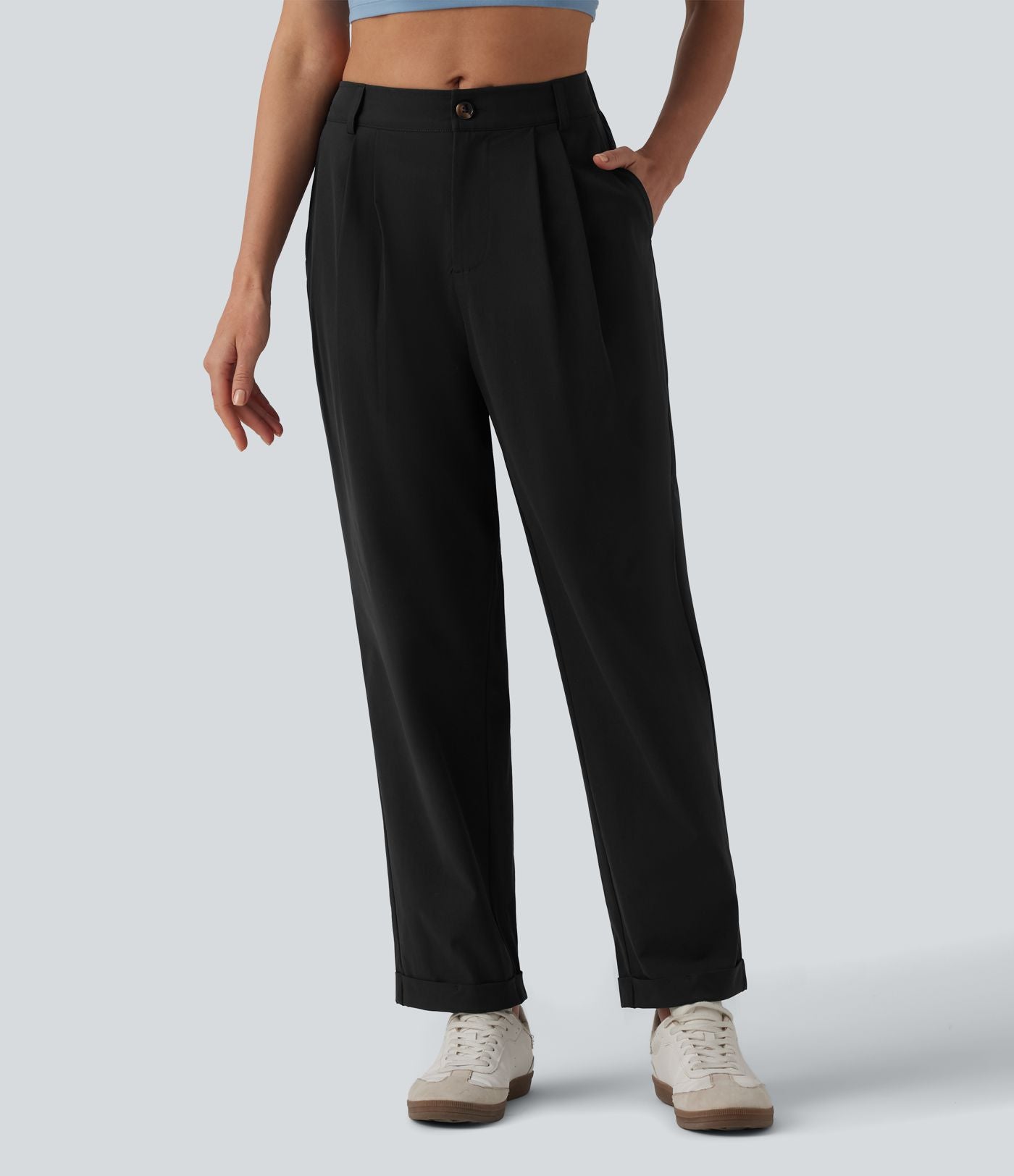 Pantalon casual fuselé 7/8 taille mi-haute plissé en popeline extensible à ourlet retroussé avec poches