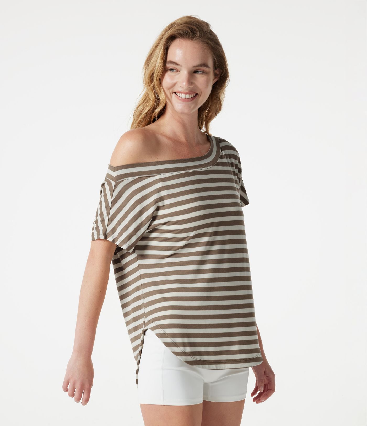 Top casual asymétrique épaule dénudée à rayures, manches courtes, ourlet incurvé et brassière intégrée