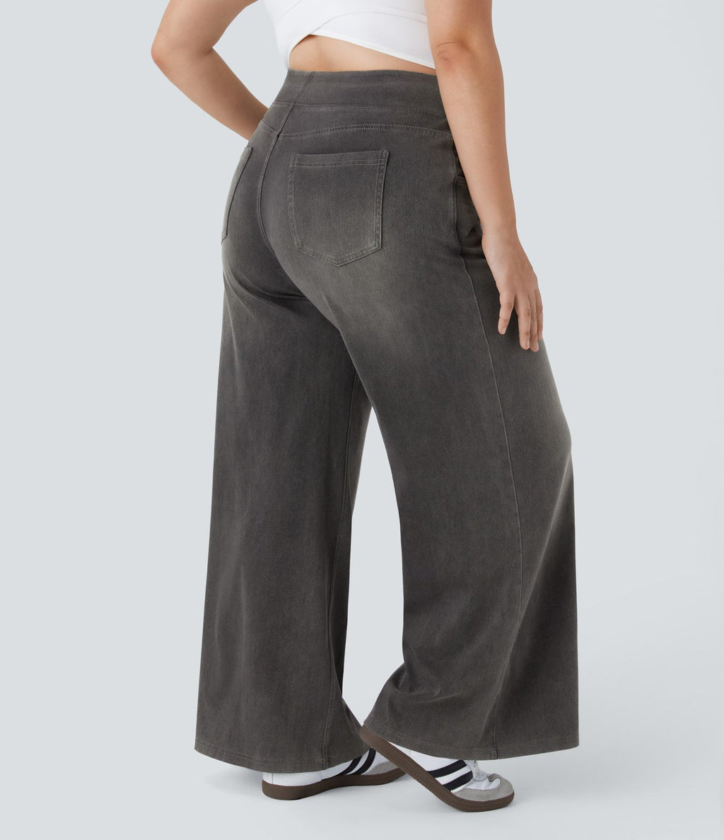 Halara Flex™ Jeans Larges Casual Taille Haute Multiples Poches Lavés Élastiques et Tricotés Grande Taille