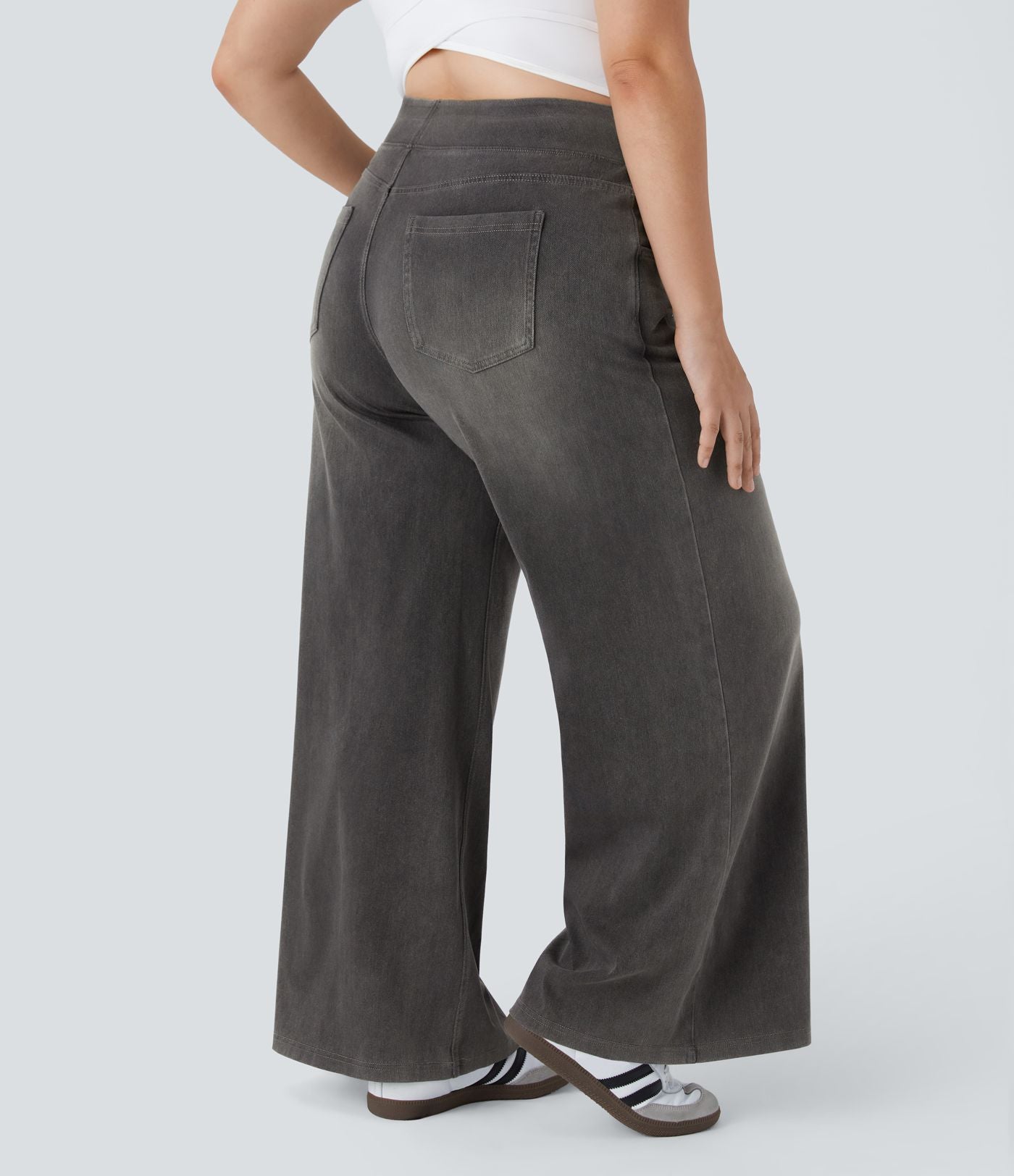 Halara Flex™ Jeans Larges Casual Taille Haute Multiples Poches Lavés Élastiques et Tricotés Grande Taille