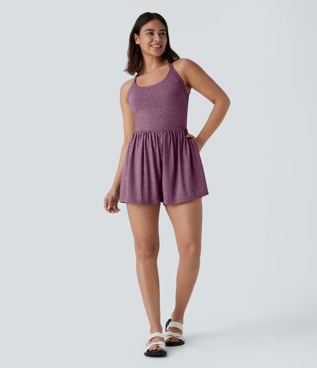 Combishort de villégiature 2-en-1 à dos nu, design torsadé, poches latérales - Édition Easy Peasy