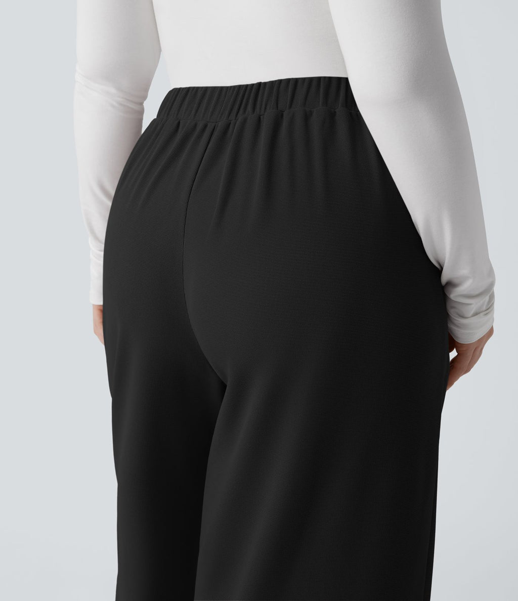 Pantalon décontracté grande taille large en maille gaufrée, taille haute, avec poches