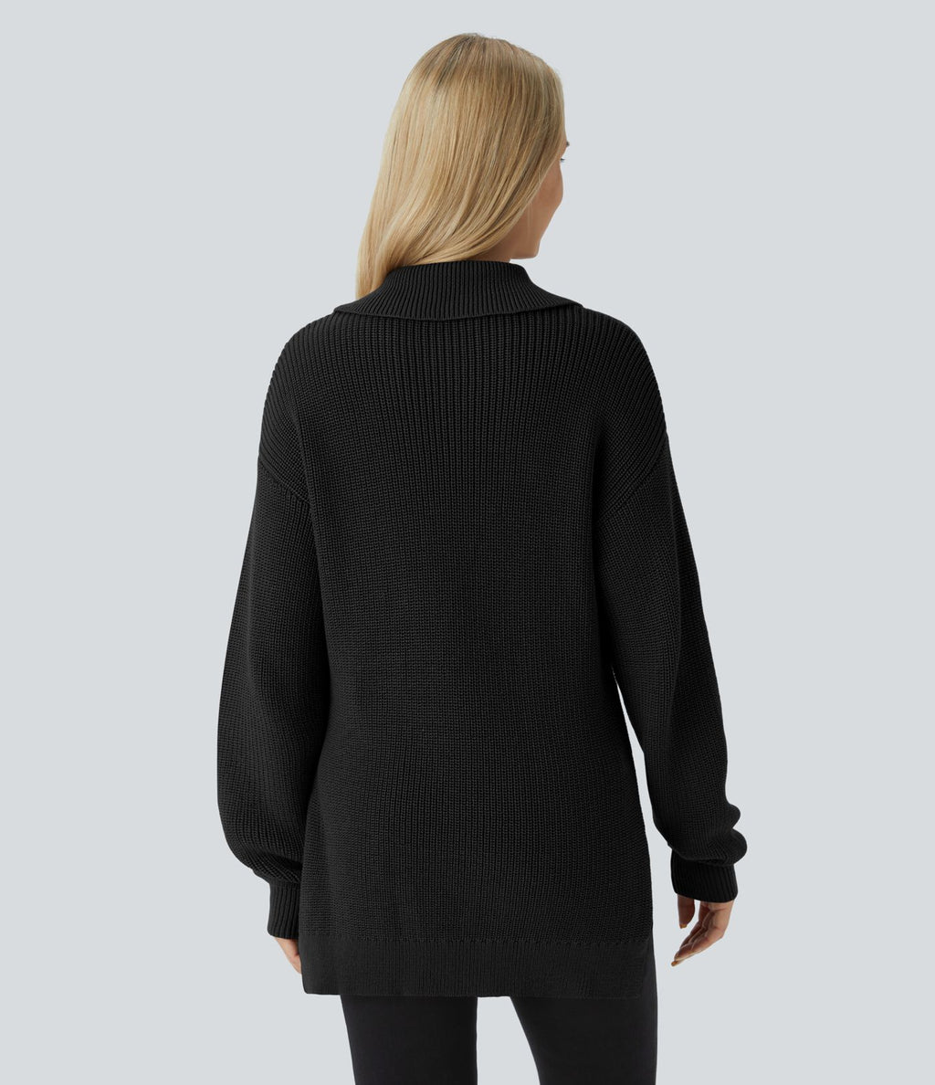 Pull décontracté à col montant, demi-fermeture éclair, manches longues et fente