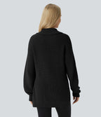 Pull décontracté à col montant, demi-fermeture éclair, manches longues et fente