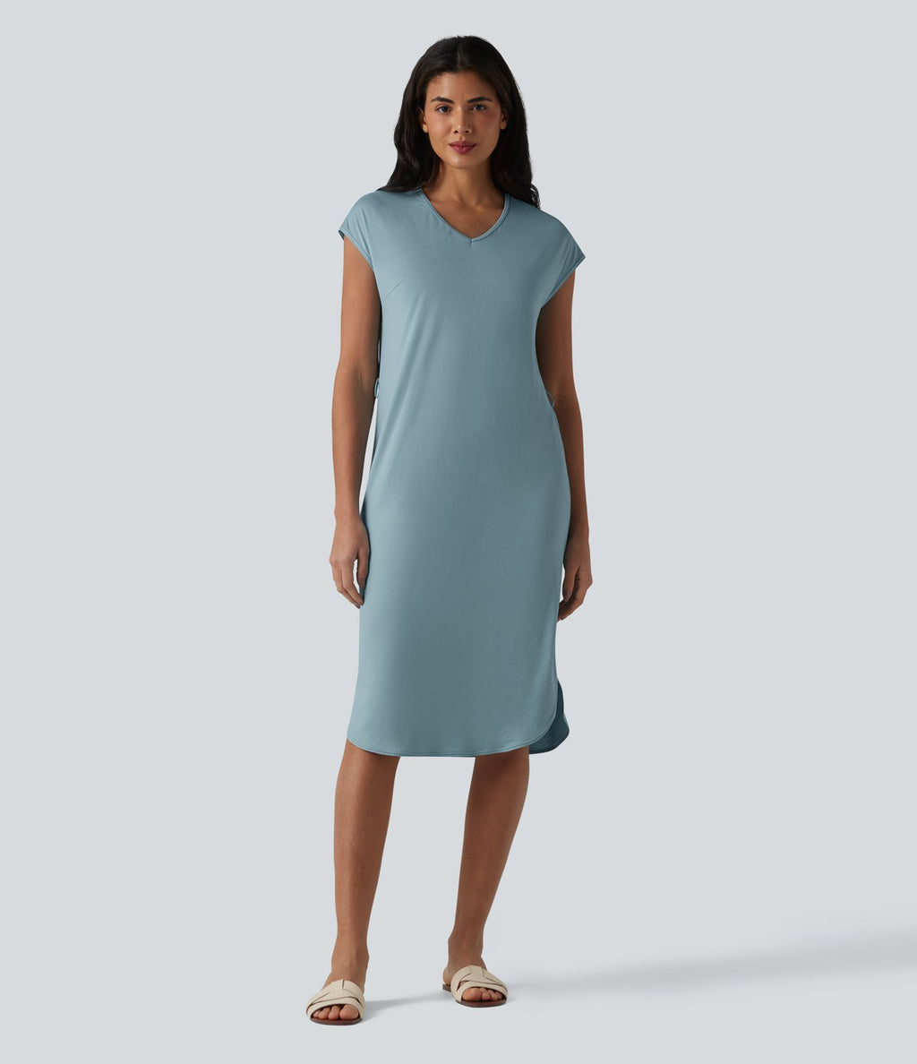 Robe t-shirt casual col V à manches courtes, ceinturée et ourlet arrondi