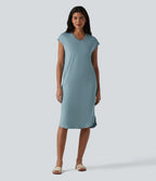 Robe t-shirt casual col V à manches courtes, ceinturée et ourlet arrondi