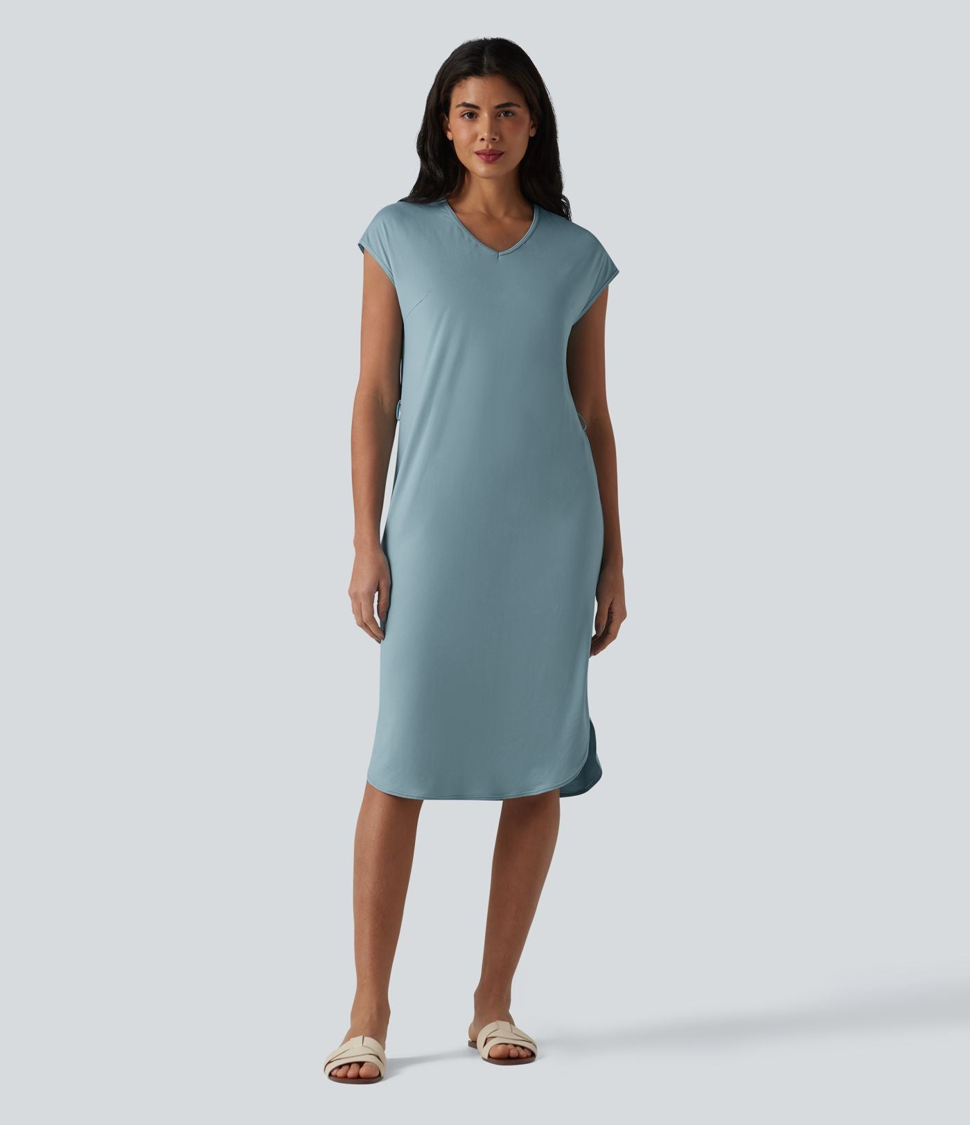 Robe t-shirt casual col V à manches courtes, ceinturée et ourlet arrondi