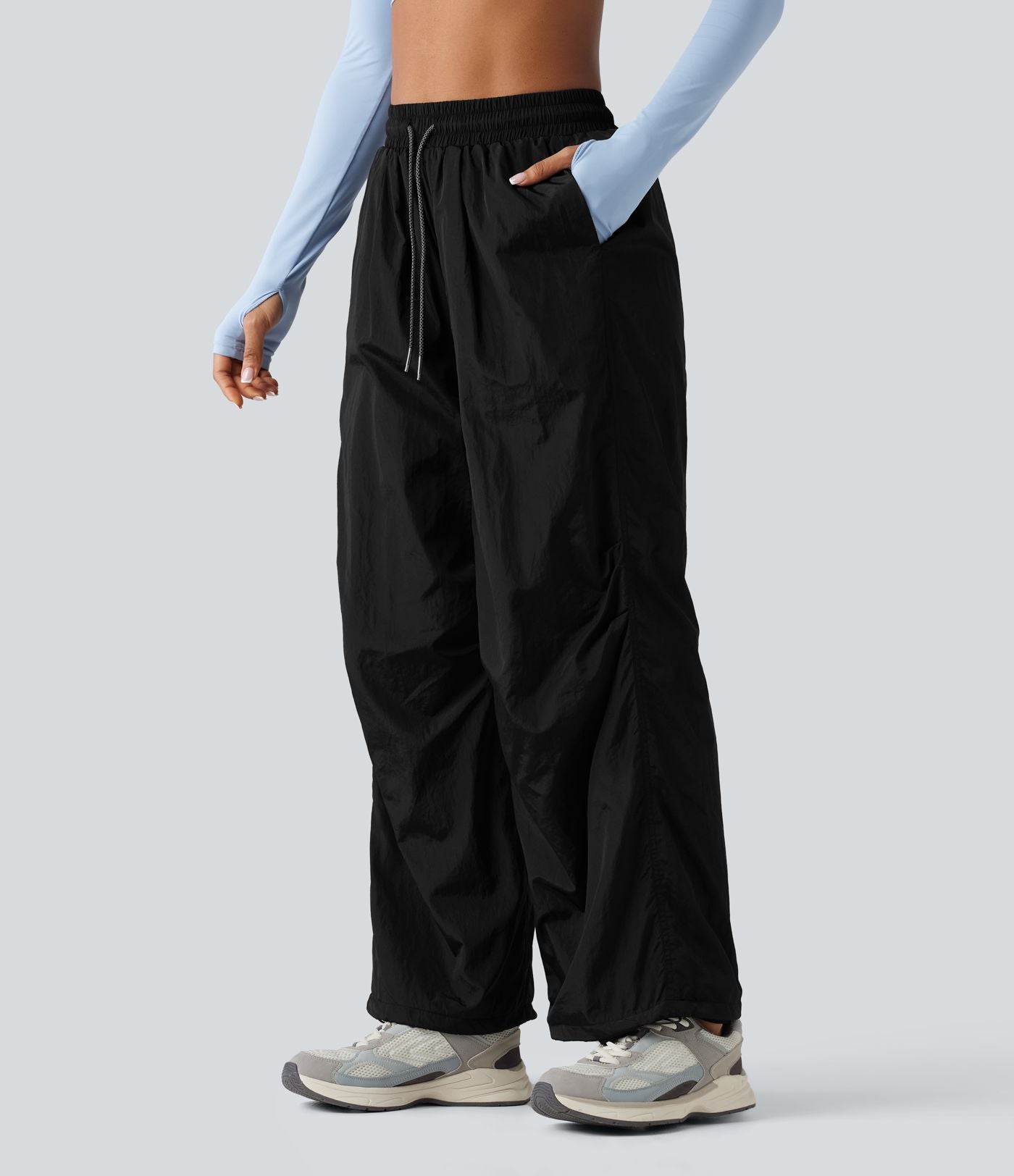 Pantalon cargo ample de randonnée taille haute avec cordon de serrage, fronces et poches