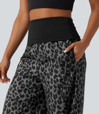 Pantalon baggy casual à imprimé léopard taille haute à revers avec fronces, cordon et poches