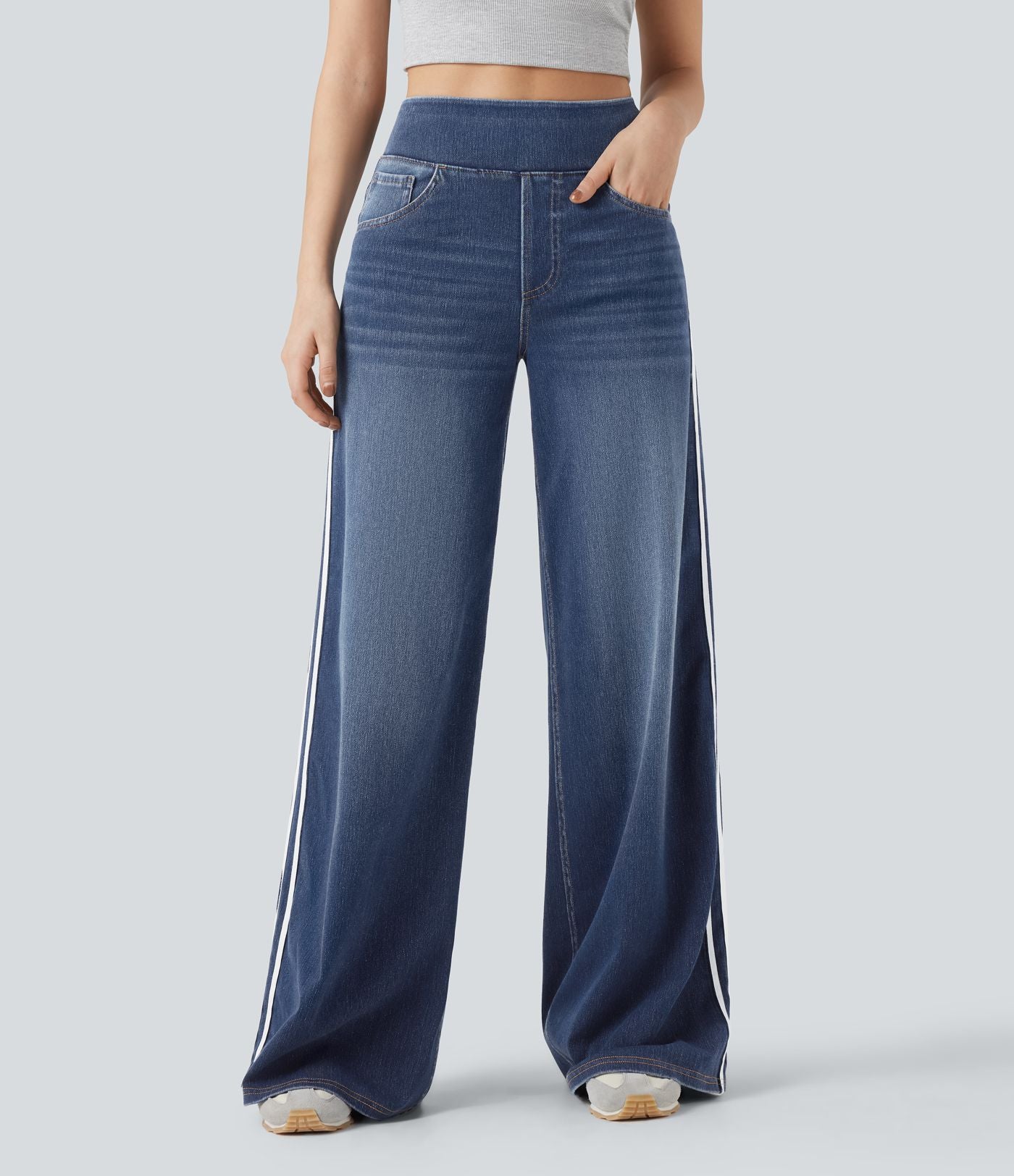 Halara Flex™ Jean large fluide délavé taille haute à rayures avec poches