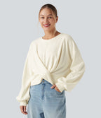 Sweatshirt casual côtelé maille col rond manches longues avec ourlet torsadé