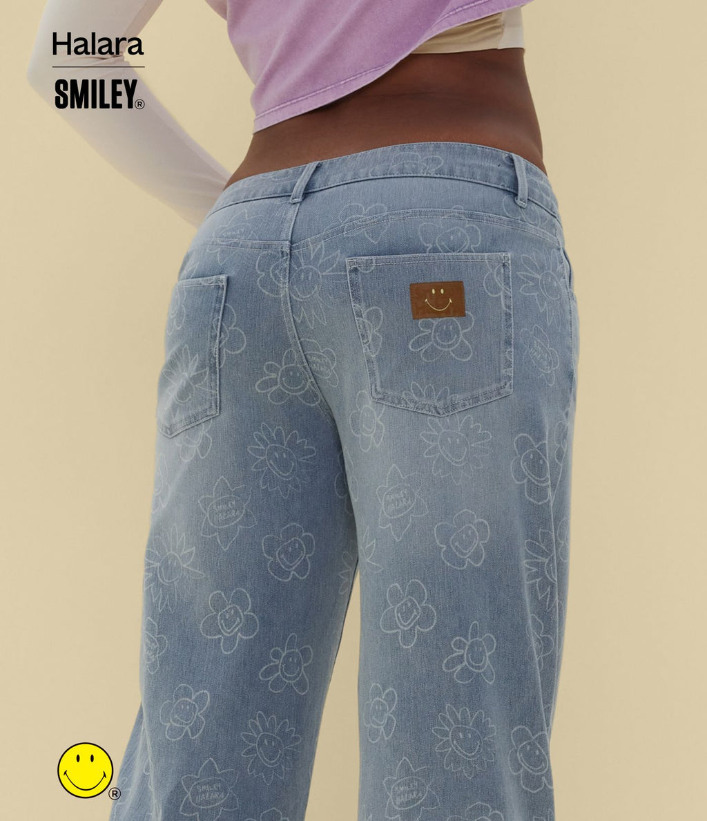 Halara X Smiley® Halara Flex™ Jean large décontracté asymétrique taille basse en lyocell délavé avec poches