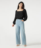 Blouse casual effet lin à col carré, manches bouffantes, lien au dos, empiècement en dentelle et détails froncés