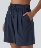 Short de yoga plissé taille haute avec ceinture élastique, cordon de serrage et poches 17,5 cm