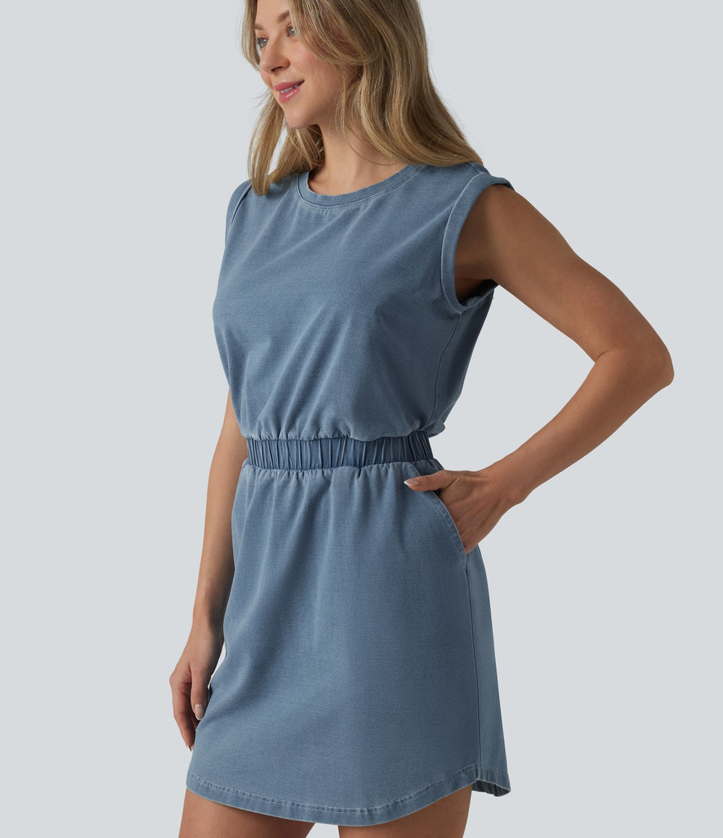 Robe mini casual en denim Halara Flex™ col rond sans manches ourlet arrondi avec poches