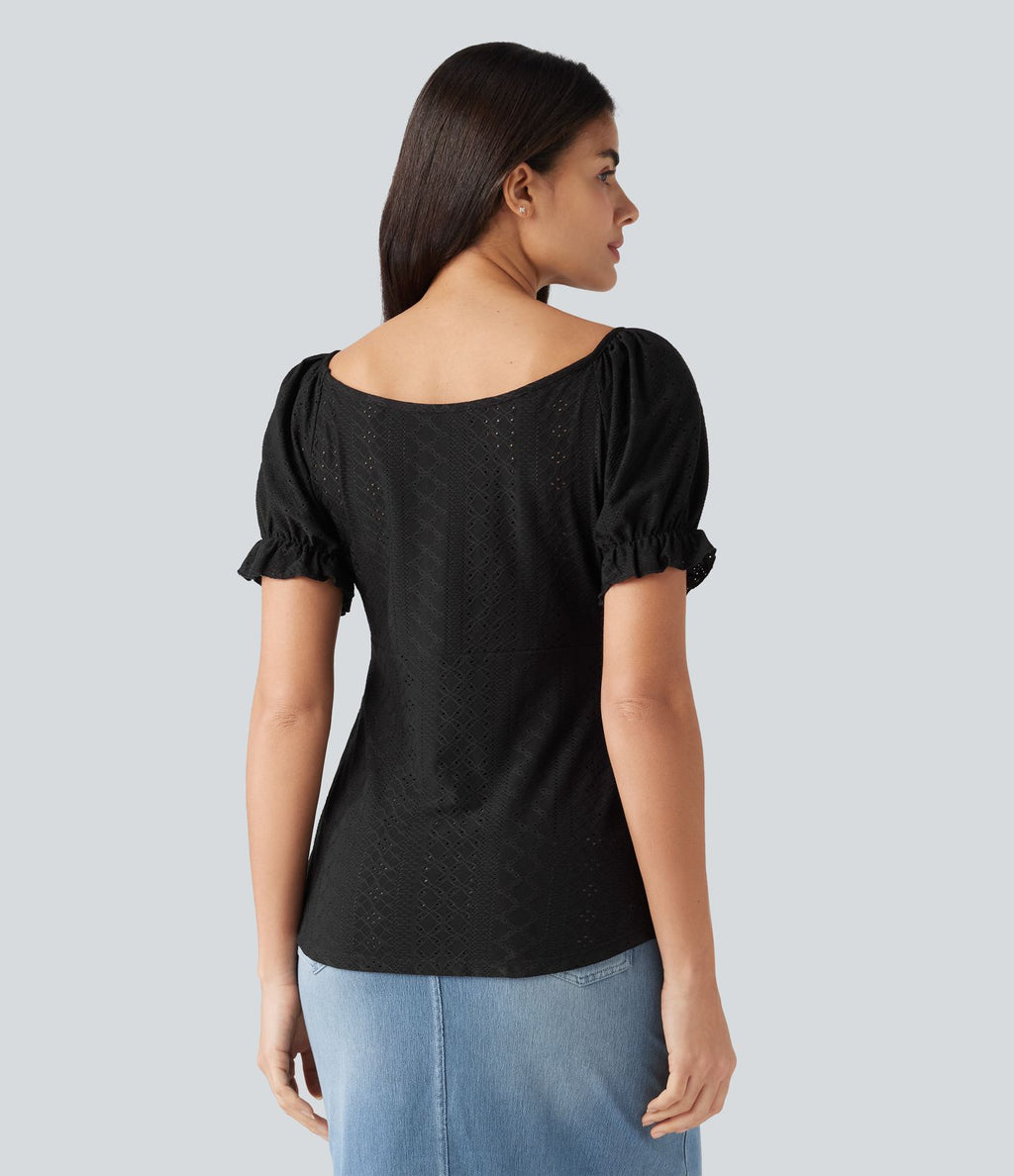 Blouse décontractée col V manches courtes bouffantes lacée ajourée