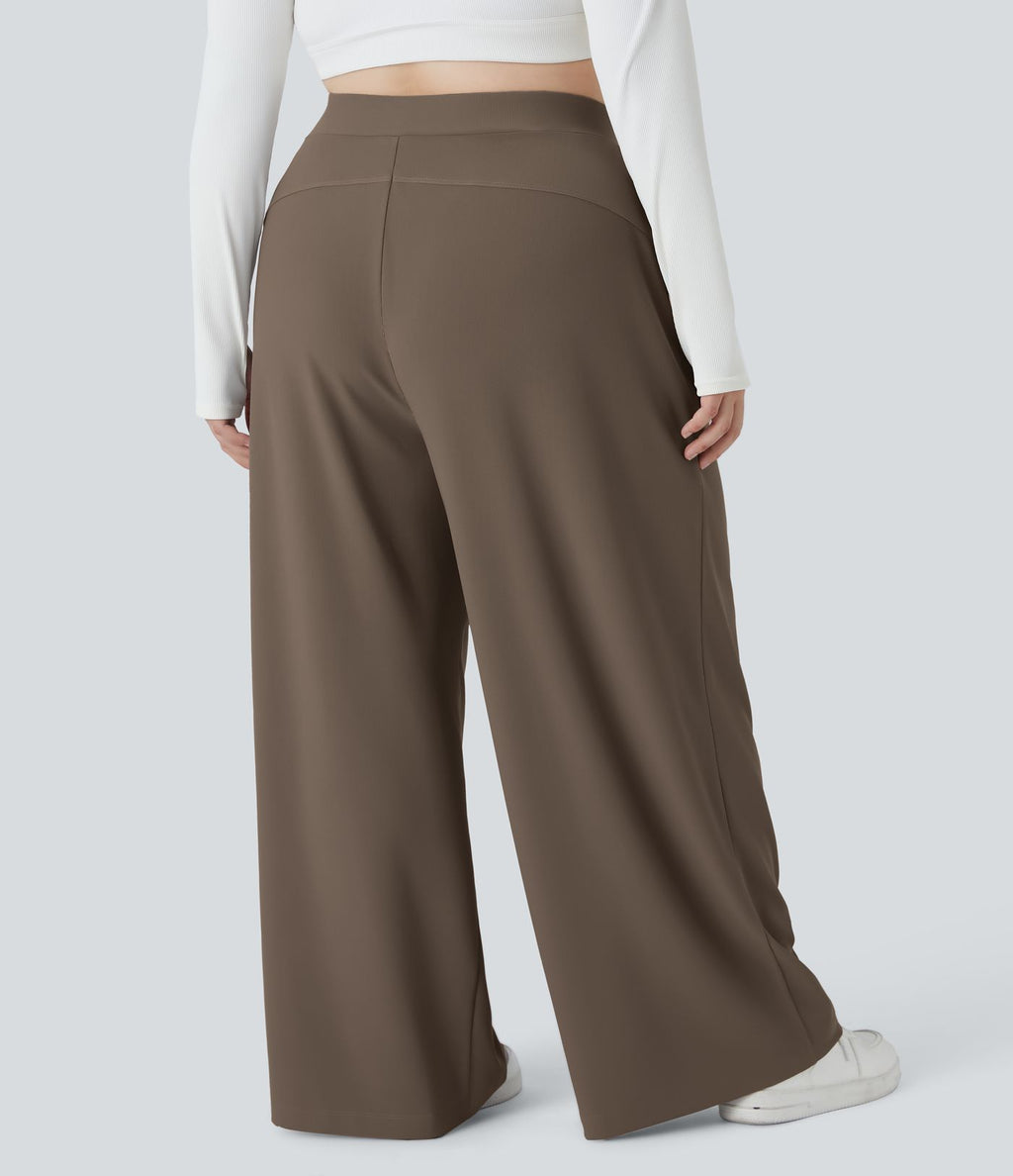 Pantalon de travail grande taille Halara Flex™ à taille haute sculptante et amincissante, poches latérales, jambes larges et tissu micro-gaufré
