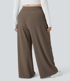 Pantalon de travail grande taille Halara Flex™ à taille haute sculptante et amincissante, poches latérales, jambes larges et tissu micro-gaufré