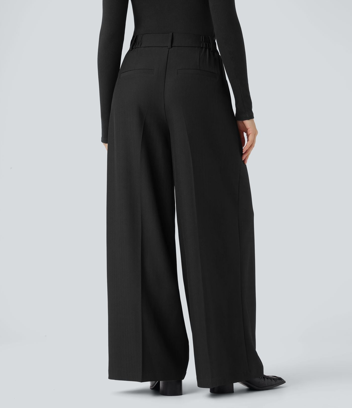Pantalon tailleur anti-froissement aspect lin taille haute jambe large avec poches