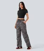Pantalon casual taille haute cordon jambe droite imprimé léopard avec poches