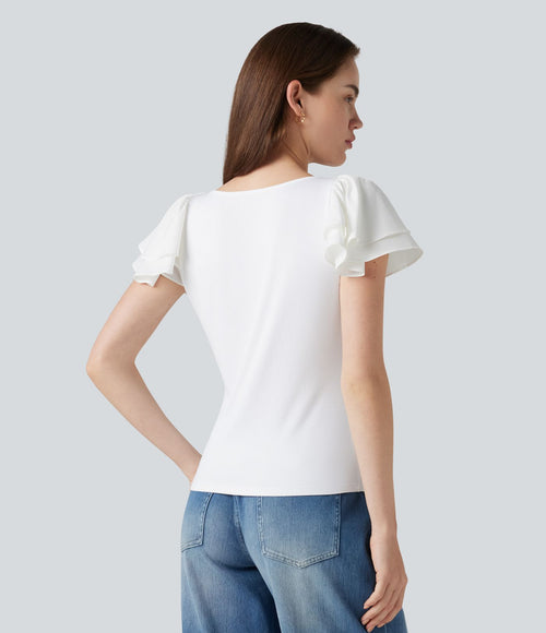 Blouse décontractée col rond à manches à volants étagées