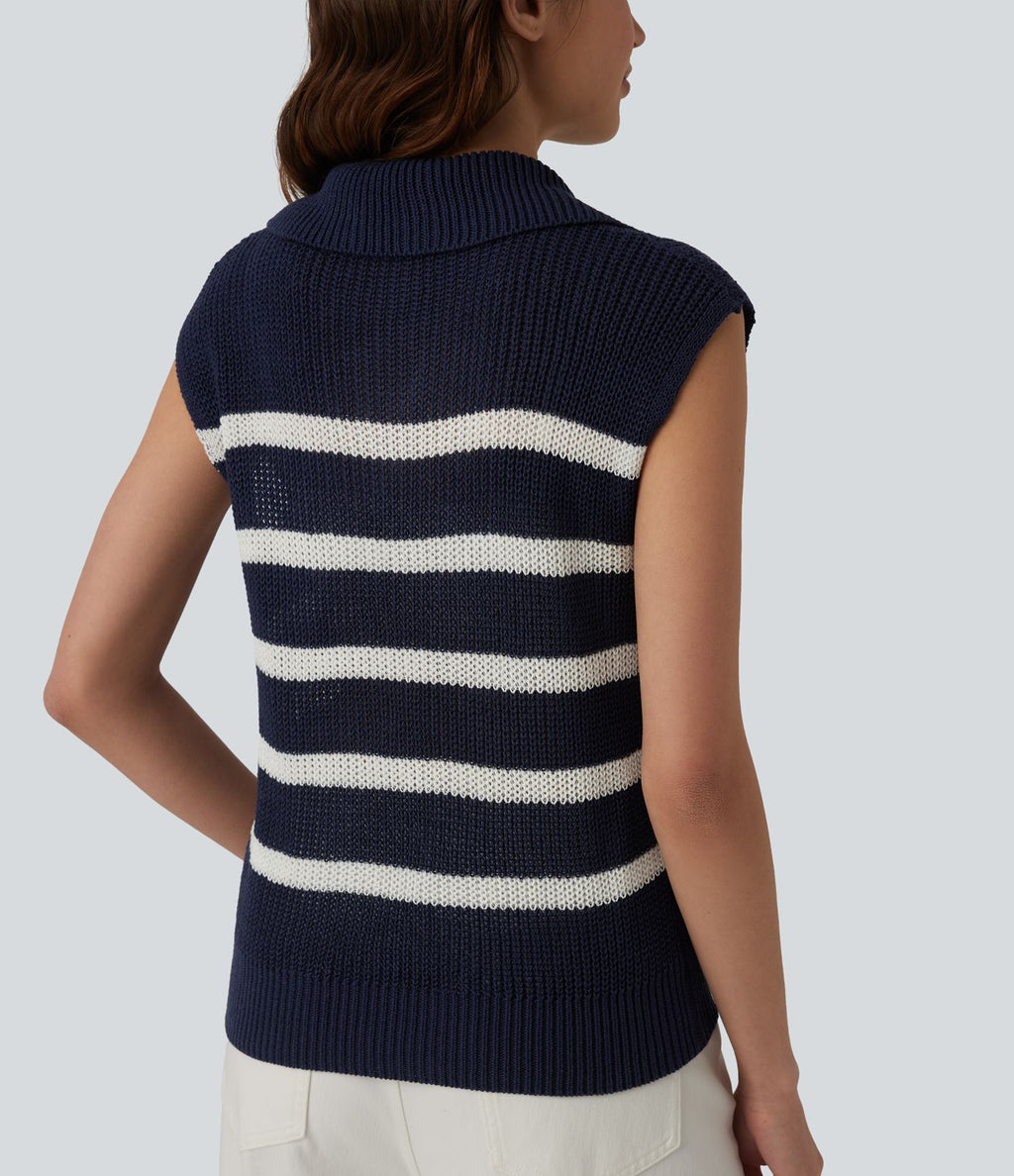 Pull décontracté sans manches demi-zip à rayures