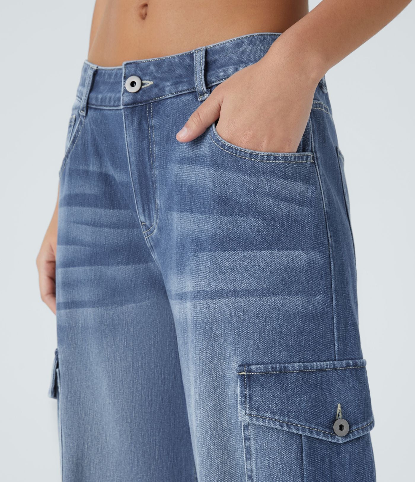 Jean cargo décontracté Halara Flex™ à taille basse, jambes larges, poches multiples et tissu extensible