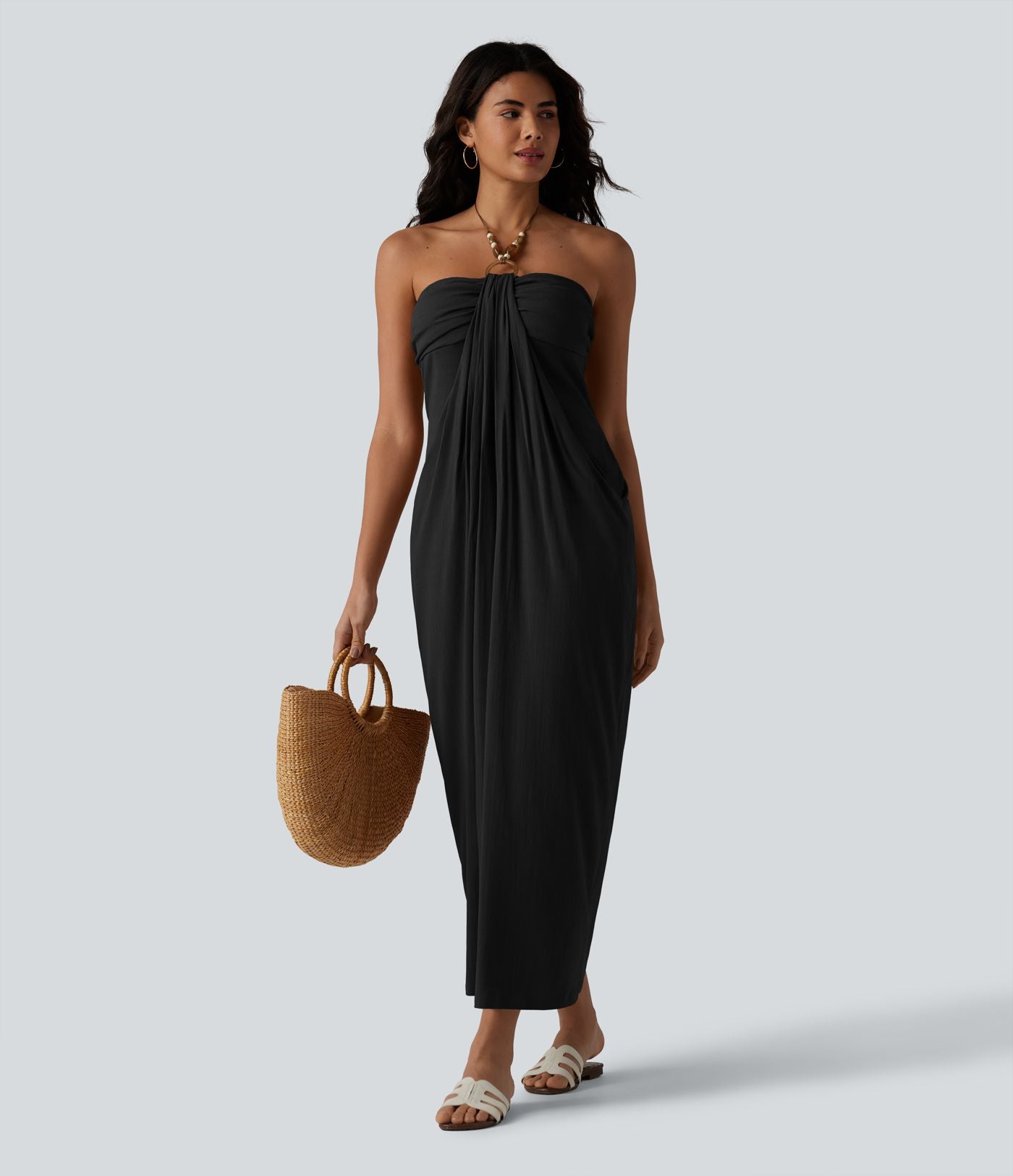 Robe longue estivale col licou dos nu avec lien soutien-gorge intégré aspect lin avec poches