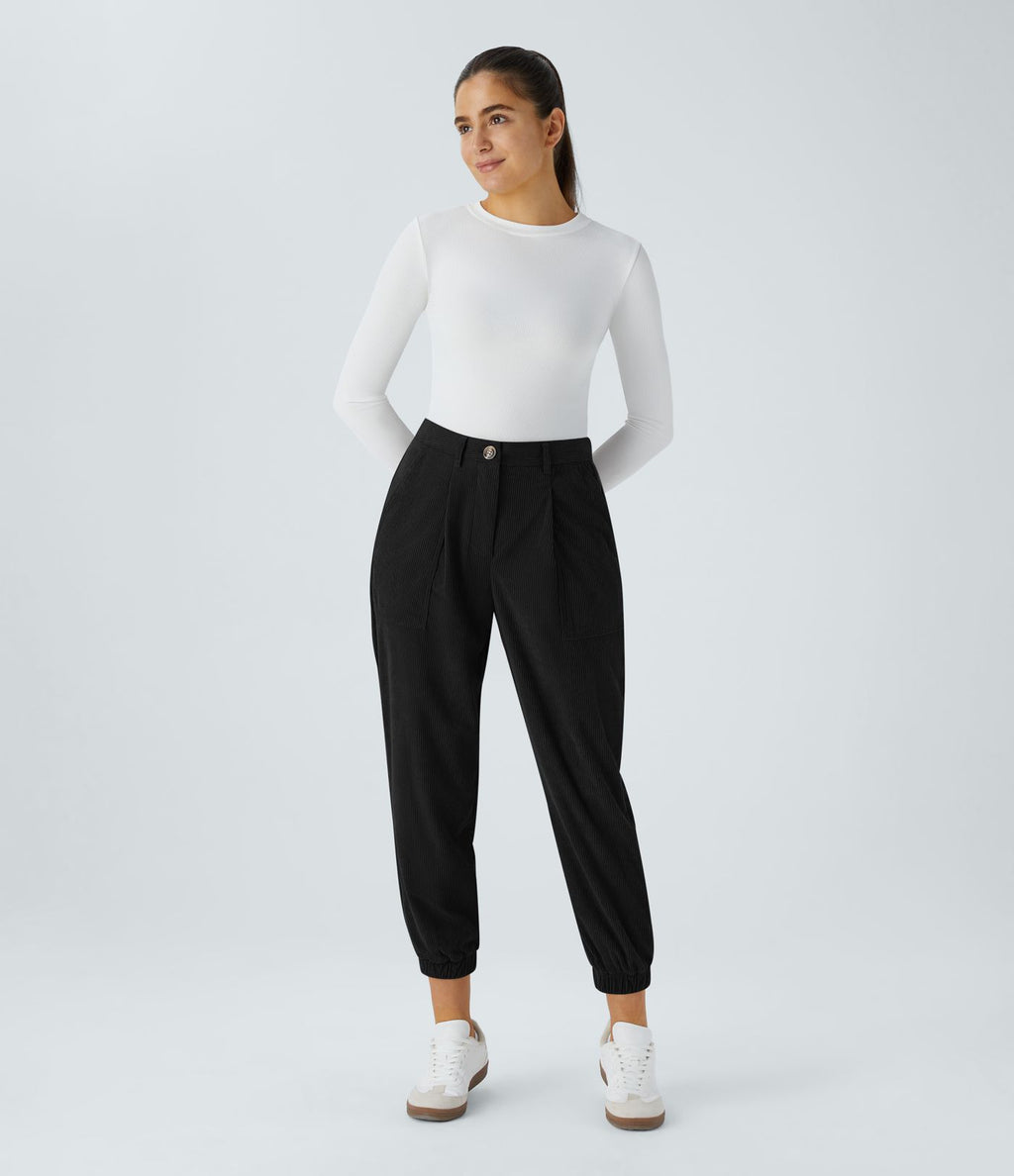 Pantalon décontracté en velours côtelé avec taille mi-haute, boutons et fermeture éclair