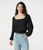 Blouse casual effet lin à col carré, manches bouffantes, lien au dos, empiècement en dentelle et détails froncés