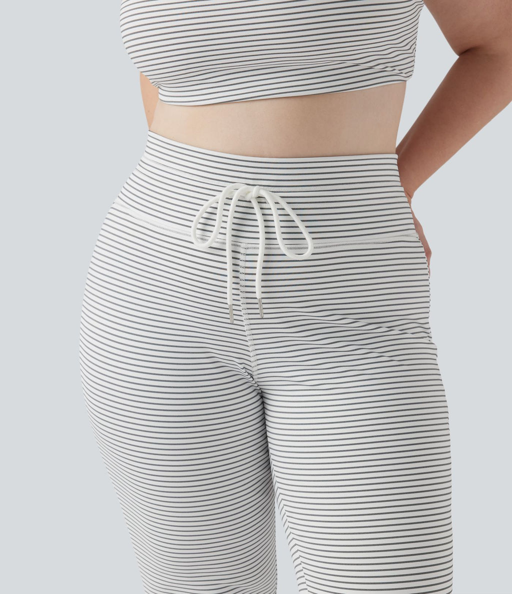 Pantalon de yoga grande taille ample taille haute à cordon, rayé, avec poches