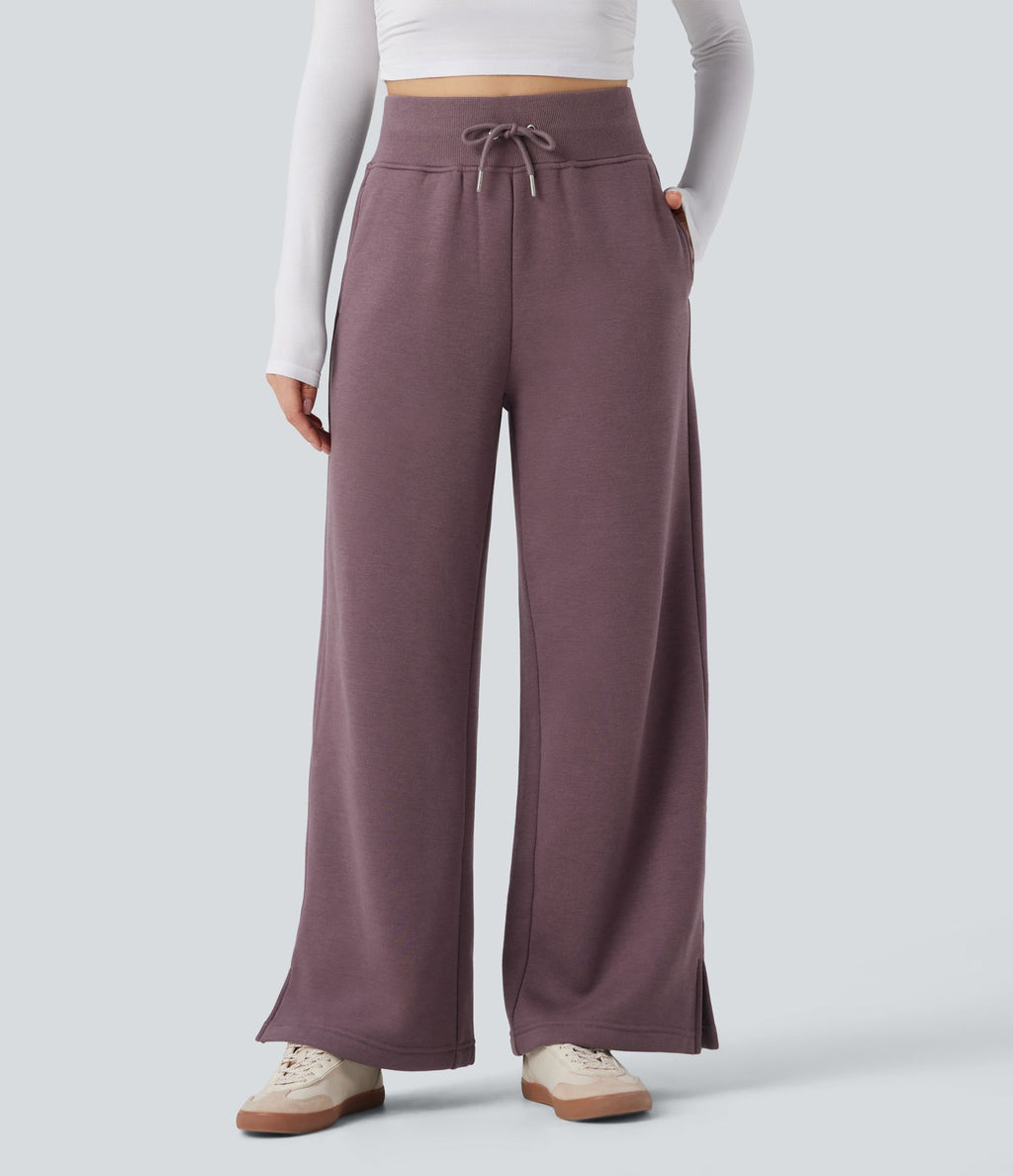 Pantalon jogging décontracté polaire taille haute jambe large avec cordon de serrage ourlet fendu et poches