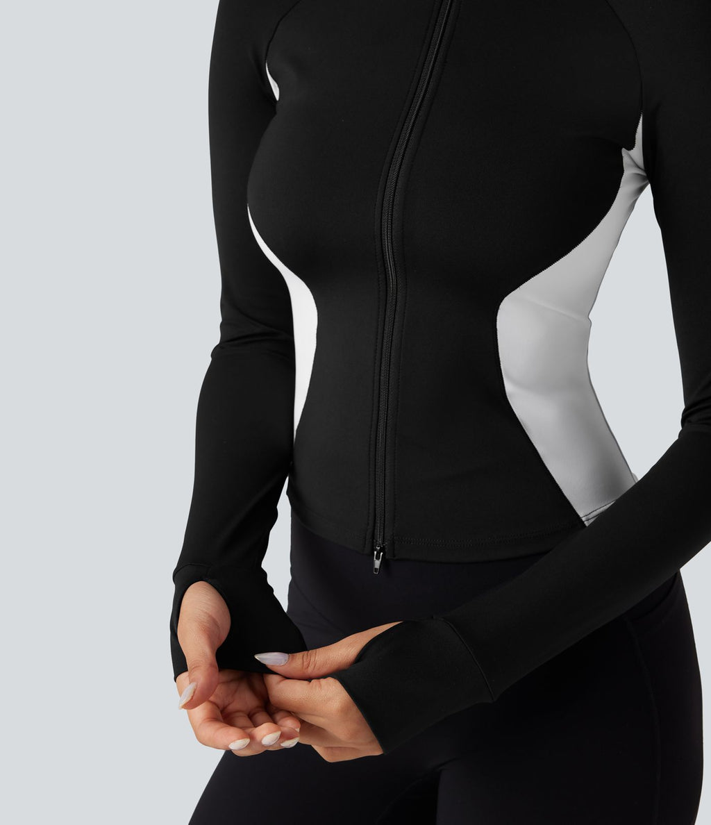 Veste yoga SoftlyZero™ Airy col montant manches longues passe-pouces color block effet frais InstantCool, protection solaire UPF50+