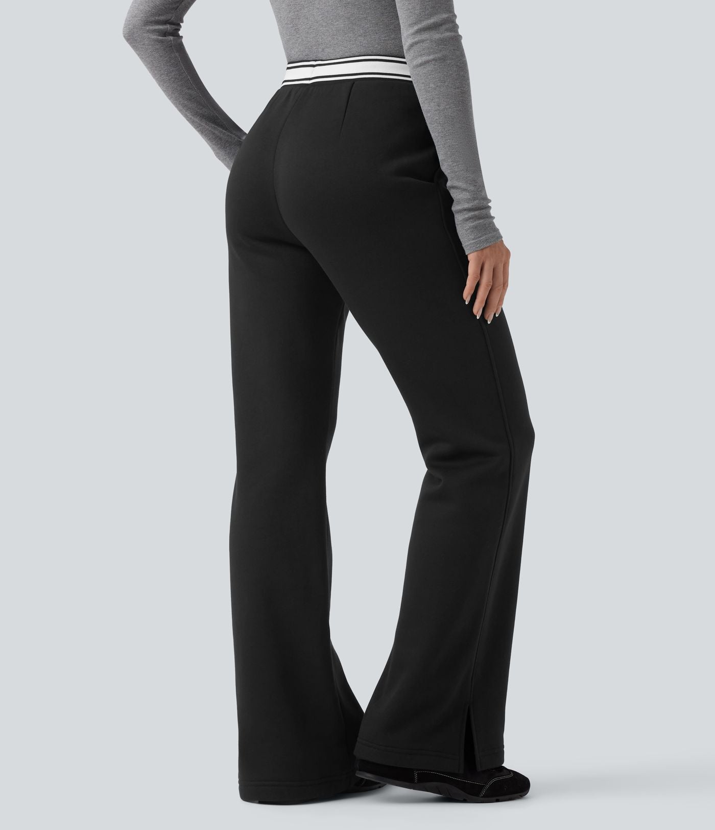 Pantalon jogging évasé molleton coton taille haute avec cordon de serrage, poches, empiècements contrastés et ourlet fend