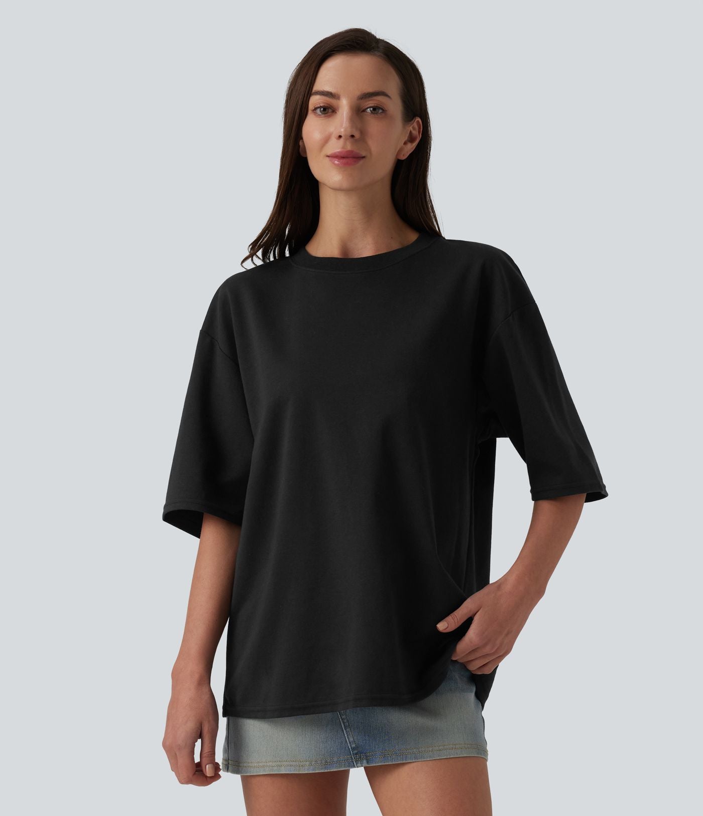 T-shirt casual oversize col rond manches trois-quarts