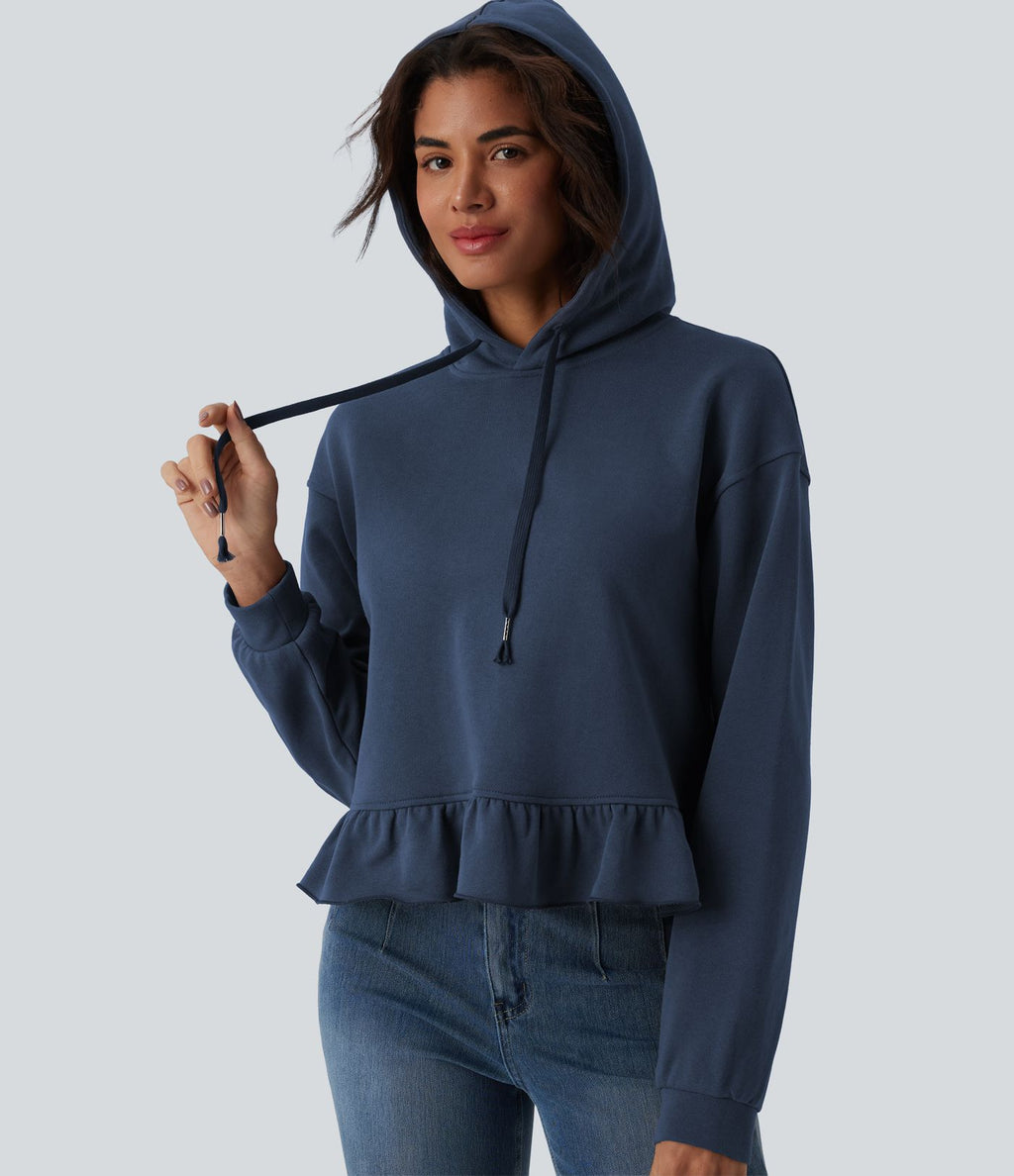Sweat-shirt décontracté en coton à capuche avec cordon de serrage manches longues ourlet à volants