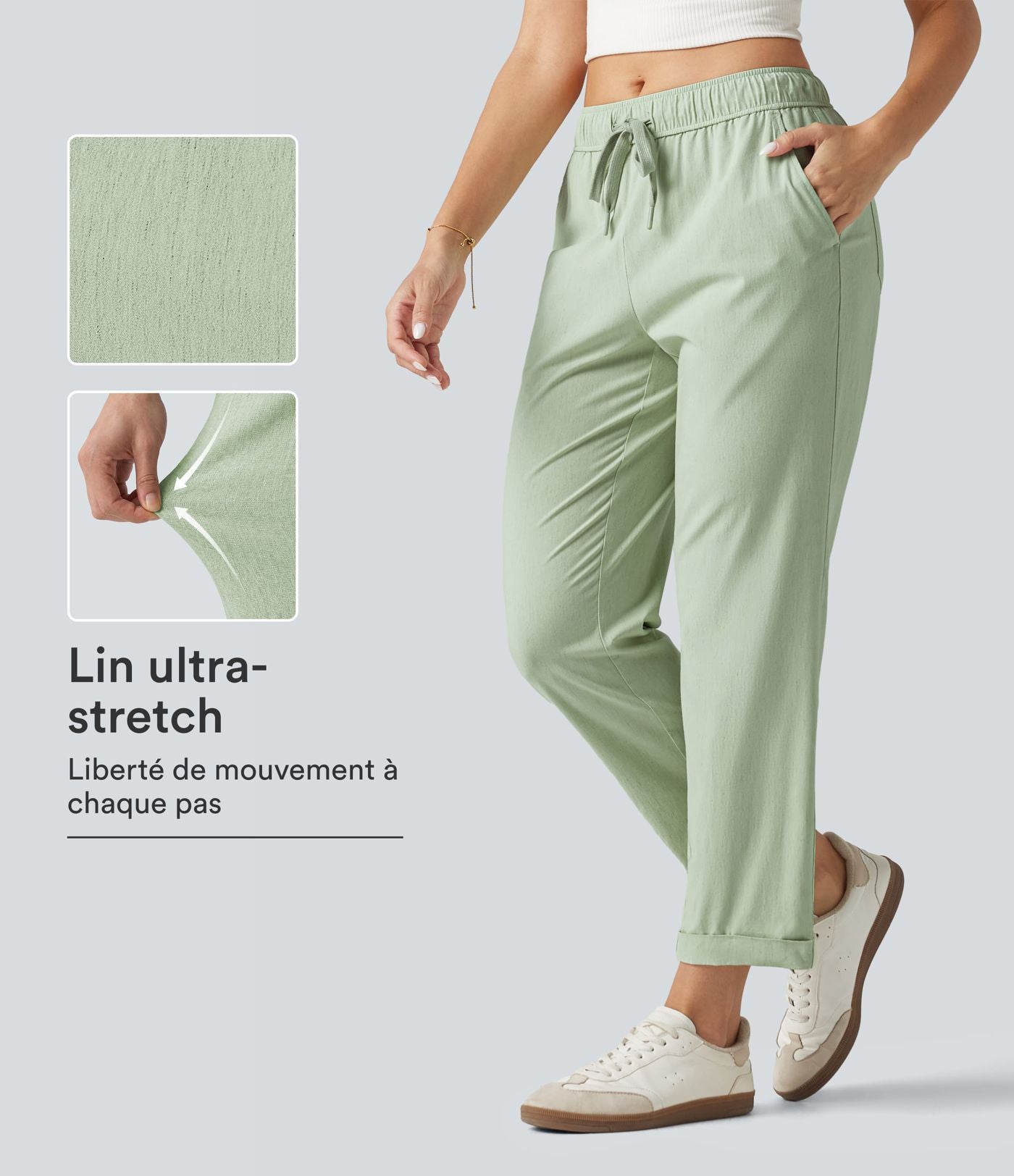 Pantalon ajusté décontracté taille mi-haute avec cordon de serrage, aspect lin extensible et poches
