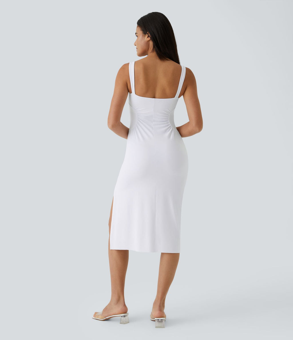 Softlyzero™ Airy Robe Demoiselle d'Honneur Invitée de Mariage Col Carré Plissée et Fendue Toucher Frais Grande Taille