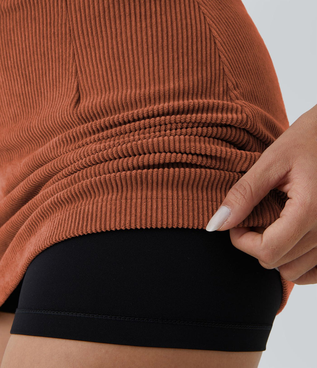 Mini-Jupe Casual en Velours Côtelé 2 en 1 Fermeture Éclair Invisible Taille Haute