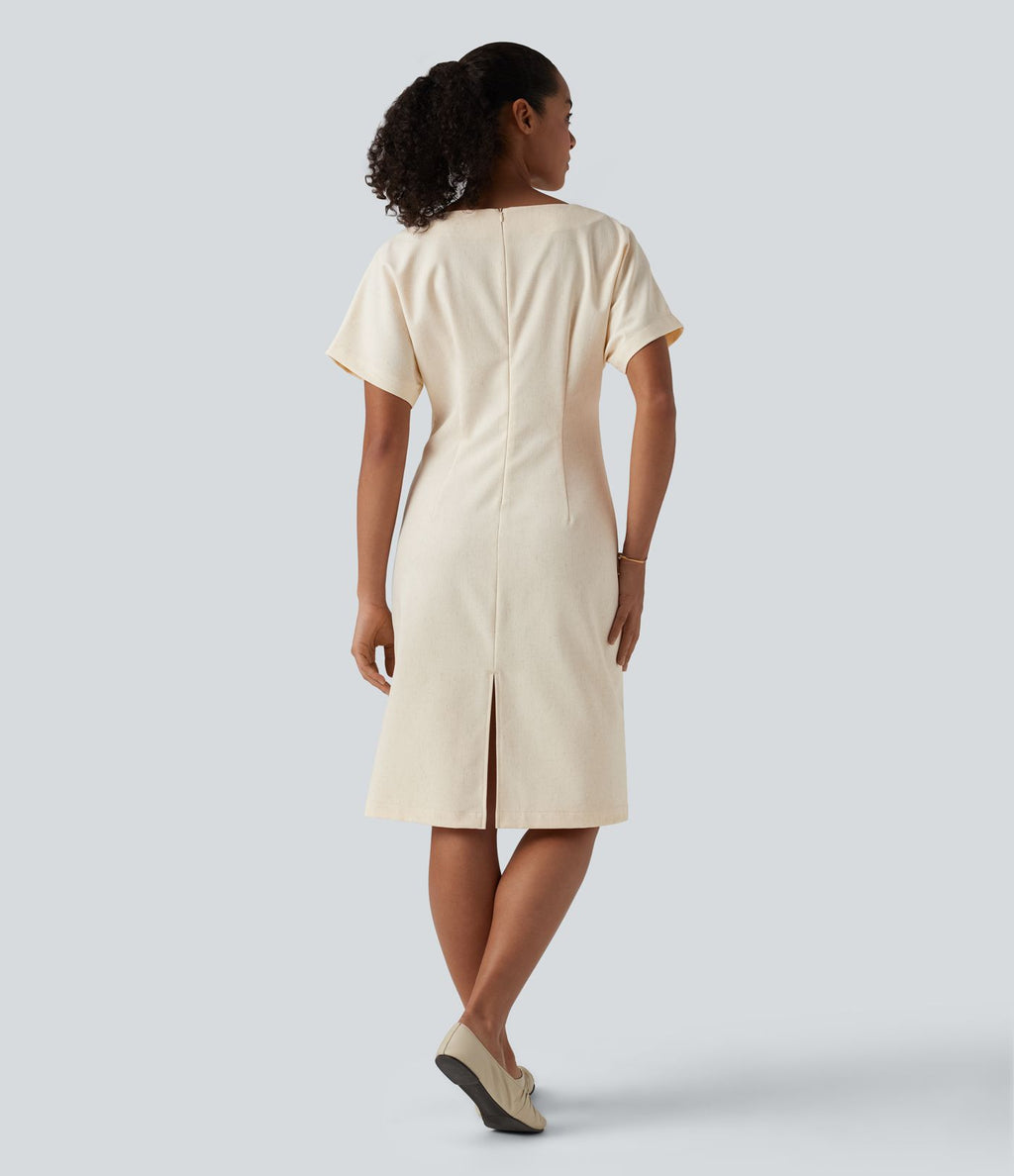 Robe mi-longue de travail col bateau manches courtes mélange lin