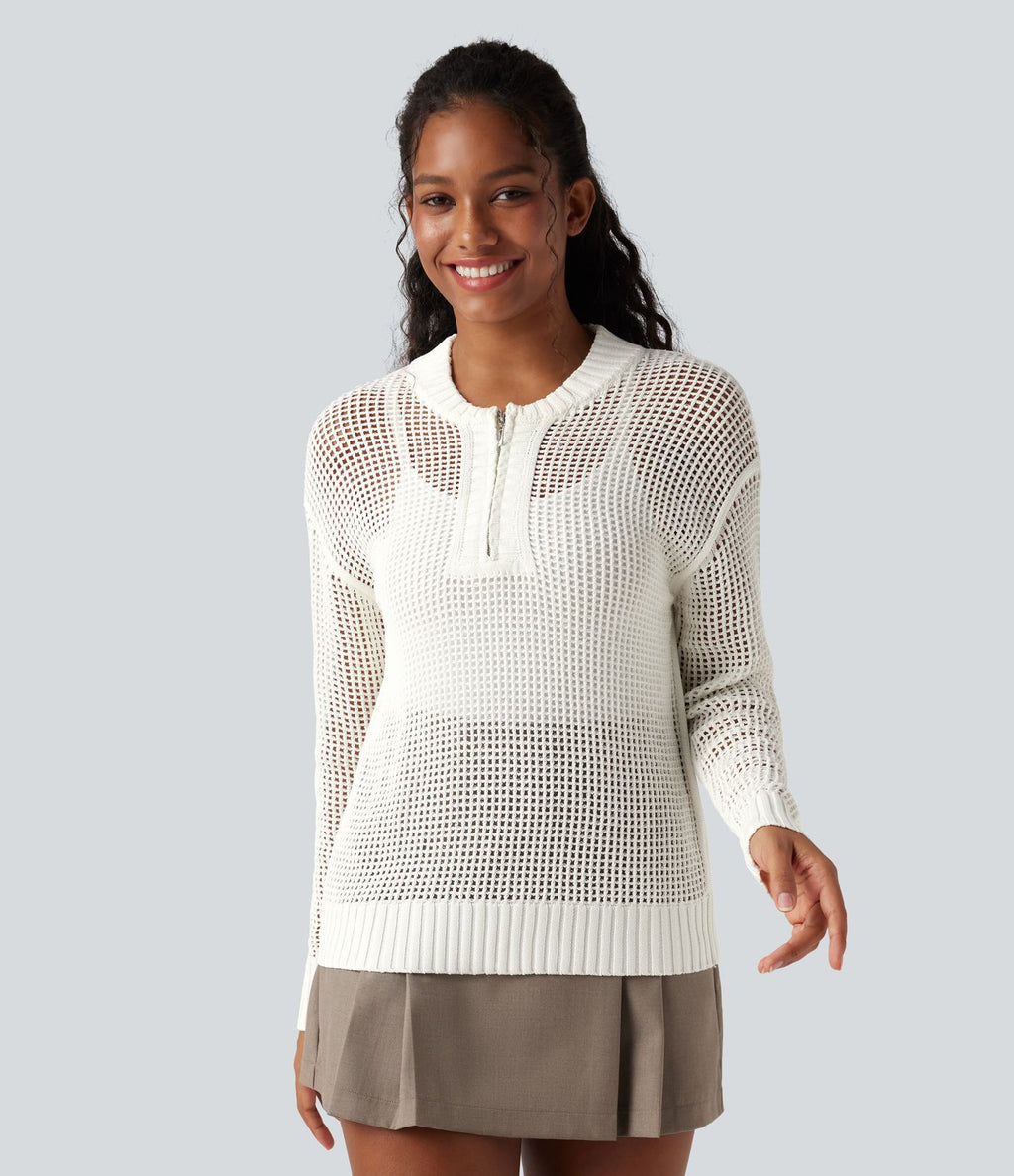 Pull ajouré demi-zip col rond manches longues