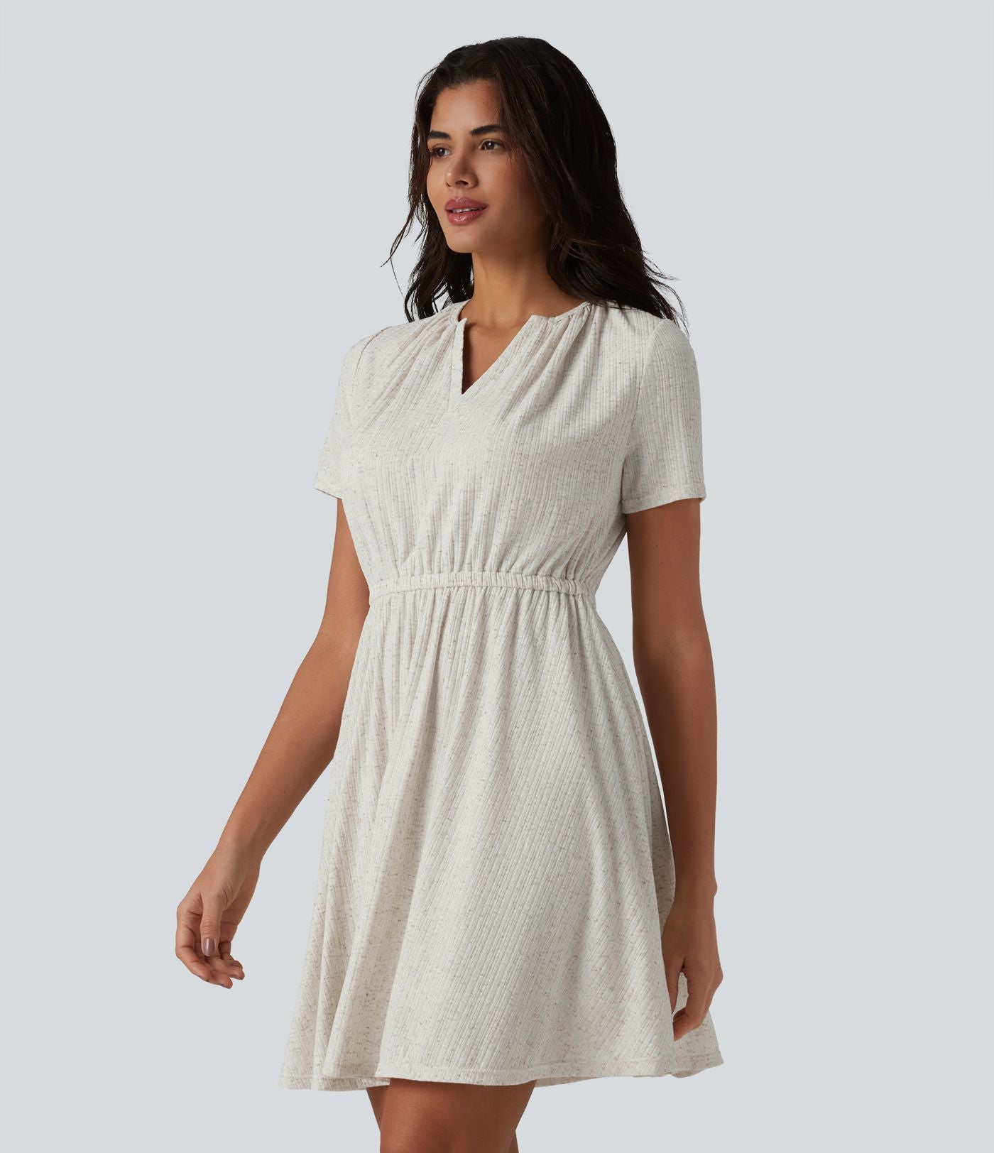 Robe mini évasée décontractée, maille côtelée en lin mélangé,  col V, manches courtes