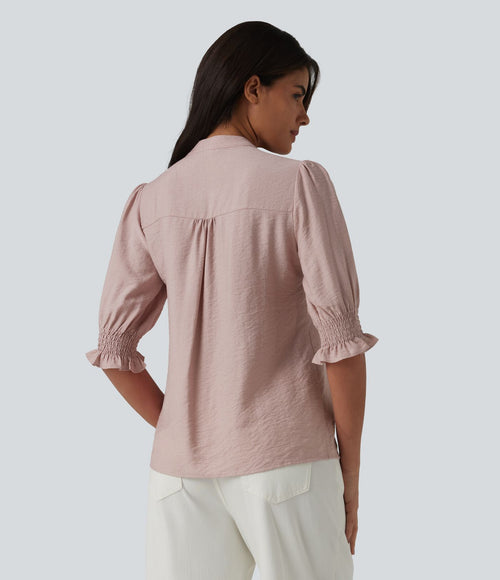 Blouse décontractée à col en V et manches courtes bouffantes