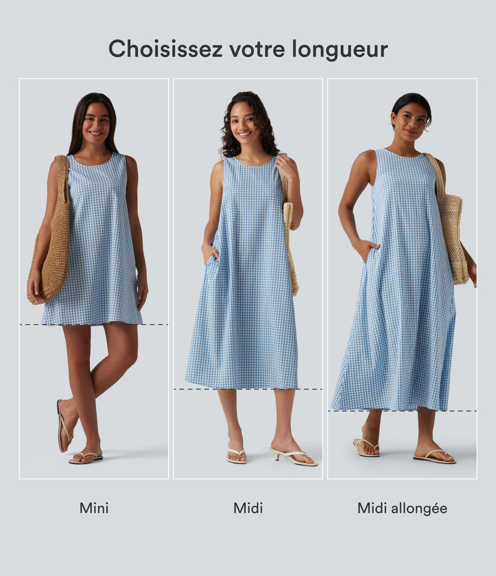 Robe débardeur midi décontractée col rond sans manches en vichy froissé avec poches
