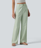 Pantalon droit décontracté en coton et lin taille haute avec poches