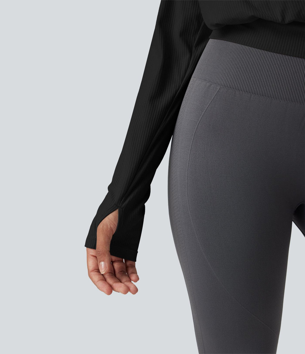 Haut de sport yoga côtelé col V croisé avec trous pouces