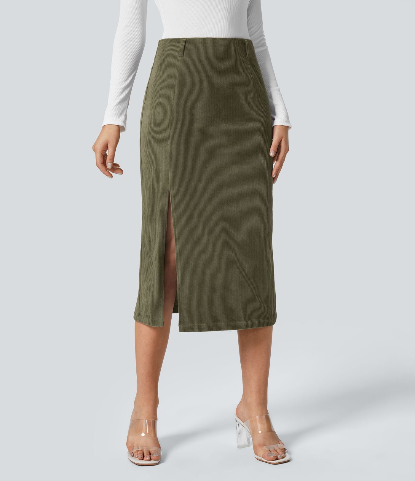 Jupe Casual en Velours Côtelé Mi-longue Taille Haute Fermeture Éclair Invisible et Fente fendue