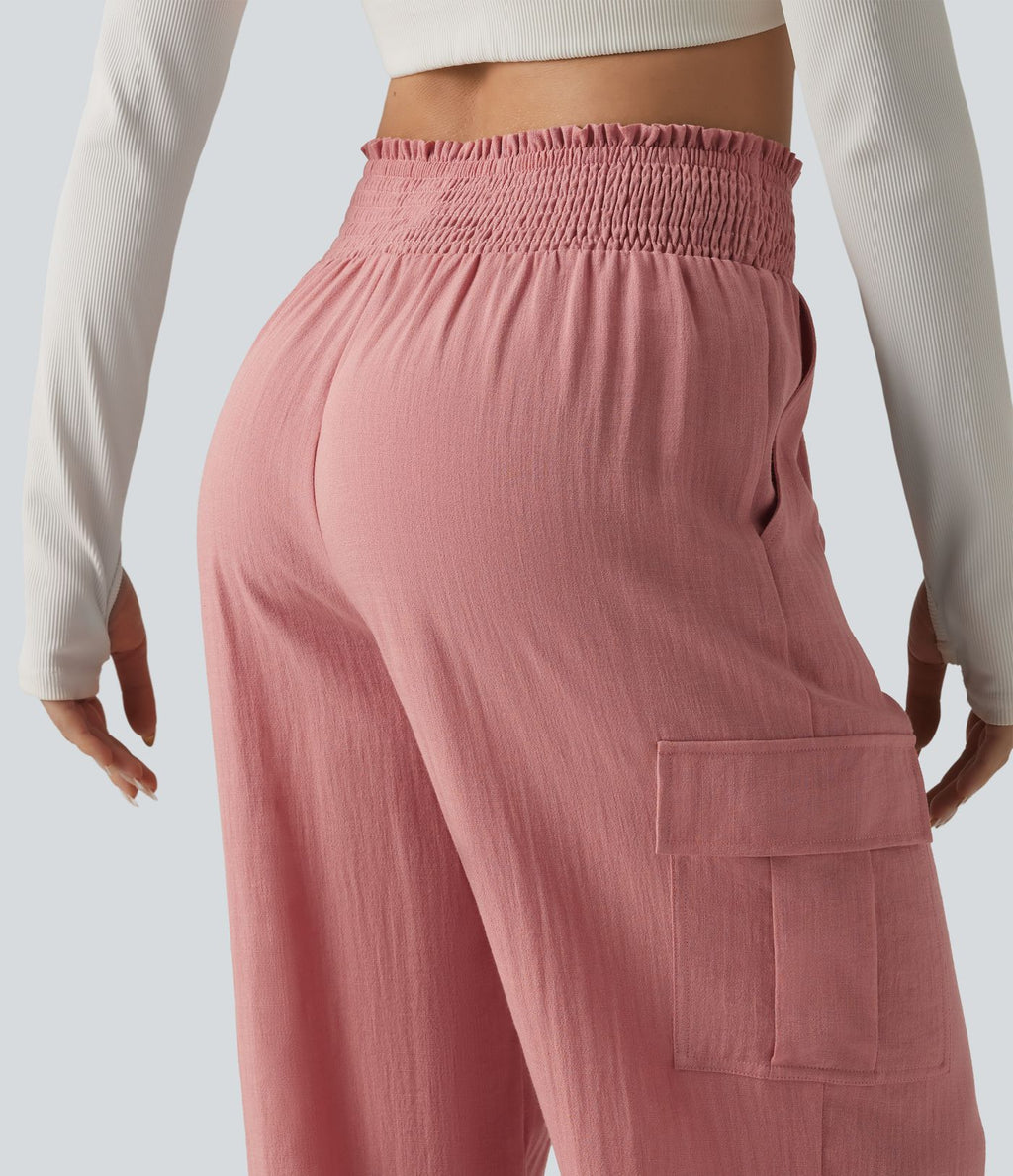 Pantalon cargo décontracté taille haute froncé, aspect lin, avec poches