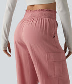 Pantalon cargo décontracté taille haute froncé, aspect lin, avec poches