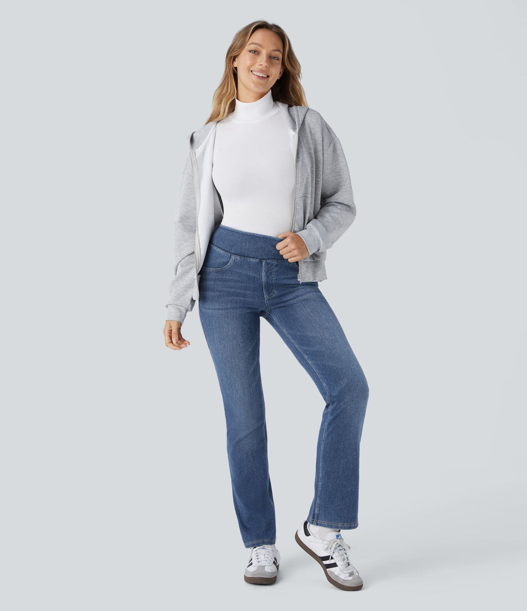 Halara Flex™ Jean évasé casual délavé en molleton taille haute avec poches